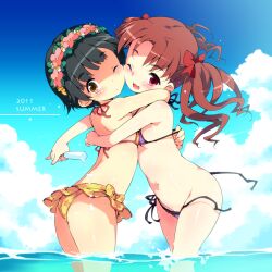  areolae ass bikini bikini_skirt black_hair blush brown_hair cheek-to-cheek day flat_chest food hair_ribbon hug lolicon looking_at_viewer multiple_girls navel one_eye_closed open_mouth outdoors petenshi_(dr._vermilion) popsicle red_eyes ribbon shirai_kuroko side-tie_bikini smile swimsuit to_aru_kagaku_no_railgun to_aru_majutsu_no_index twintails uiharu_kazari untied untied_bikini yellow_eyes 