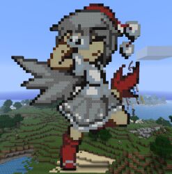  black_hair black_wings block_(object) bovine camera commentary_request cow_(minecraft) female forest game_screenshot hand_fan hat hauchiwa minecraft mountain nature noob4u ocean outdoors pixel_art self-upload shameimaru_aya short_hair skirt smile solo tokin_hat touhou tree wings 