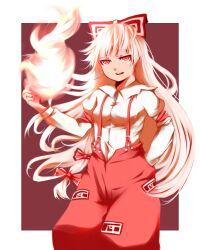  bad_id bad_pixiv_id bow female fire fujiwara_no_mokou hairbow hand_in_pocket long_hair muttan_(ashiru-f) pants pyrokinesis red_eyes solo suspenders touhou transparent_background very_long_hair white_hair 