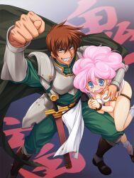  1boy 83pikoru armor blue_eyes bondage bondage bound bound_wrists breasts cape commentary_request couple female grabbing grabbing_another&#039;s_breast groping medium_breasts pink_hair rance rance_(series) sharp_teeth sill_plain straight sword teeth weapon 