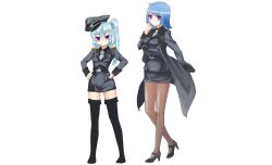  2girls absurdres ahoge aqua_hair bili_girl_22 bili_girl_33 bilibili black_legwear blue_hair cosplay cross dai_(series) daiteikoku grecia_goebbels grecia_goebbels_(cosplay) hair_ornament hands_on_own_hips hat highres iron_cross luoye_no_qiu military military_uniform multiple_girls one_side_up pantyhose photoshop_(medium) red_eyes retia_adolf retia_adolf_(cosplay) simple_background thighhighs uniform 