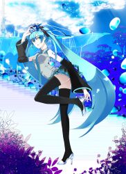  aqua_eyes aqua_hair bad_id bad_pixiv_id crown detached_sleeves female glass_slipper hatsune_miku headset high_heels highres kaisaki long_hair necktie photoshop_(medium) shoes skirt solo standing standing_on_one_leg thighhighs transparent_footwear twintails very_long_hair vocaloid 