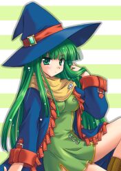  blush commentary_request coupytwo female hat jacket long_hair masou_shizuka rance_(series) sengoku_rance simple_background solo striped thighhighs witch_hat zettai_ryouiki 