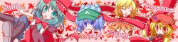  4girls aki_minoriko aki_shizuha bad_id bad_pixiv_id blonde_hair blue_eyes blue_hair blush bow chibi dress food frills front_ponytail fruit grapes green_eyes green_hair hair_bobbles hair_ornament hairbow hat highres kagiyama_hina kawashiro_nitori komakoma_(magicaltale) leaf leaf_background leaf_on_head long_hair multiple_girls open_mouth photoshop_(medium) red_eyes ribbon short_hair smile touhou two_side_up wide_image 