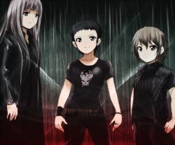  3girls band_shirt black_hair brown_hair coat commentary_request destruction_(band) hayashi_sachi heavy_metal k-on! kaiga long_hair merchandise mole mole_under_eye multiple_girls shirt short_hair skull t-shirt wada_akira yoshida_ayame 