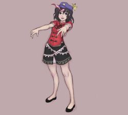  black_eyes black_hair commentary_request female hat hat_ornament highres jiangshi kuro_suto_sukii miyako_yoshika no_socks ofuda open_mouth outstretched_arms short_hair skirt solo star_(symbol) star_hat_ornament toe_cleavage touhou zombie_pose 