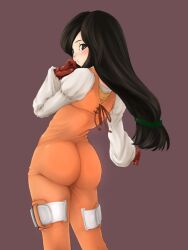  ass back black_eyes black_hair blush bodysuit female final_fantasy final_fantasy_ix garnet_til_alexandros_xvii gloves hebameki long_hair looking_back low-tied_long_hair orange_bodysuit solo third-party_edit 