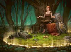  anklet armor barefoot book boots fantasy female forest grass hair_bun howard_lyon jewelry light magic magic:_the_gathering meditation nature official_art paladin realistic red_hair rock shield single_hair_bun sitting solo sword tree warrior weapon wetland 