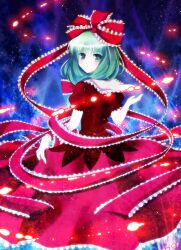  absurdres bad_id bad_pixiv_id bow dancing danmaku dress female frills glitter green_eyes green_hair hair_ribbon hairbow highres kagiyama_hina looking_back ribbon rio_666 skirt_hold solo sparkle star_(sky) touhou 