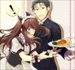  ! 1boy animal_ears black_hair blush brown_hair butler cat_ears clumsy commentary_request facial_hair female food food_writing fork formal frills gloves green_eyes ketchup maid maid_headdress makise_kurisu okabe_rintarou omelet omurice purple_eyes short_hair steins;gate stubble suit sunege surprised sweatdrop wavy_mouth wrist_cuffs 