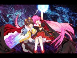  1boy bad_id bad_pixiv_id brown_hair cape carrying dress electricity energy_ball female fractal glowing kurusu_miki laughing letterboxed little_princess_miki long_hair magic multicolored_cape multicolored_clothes nima_(justy) ogawa_kentarou open_mouth photoshop_(medium) pink_hair princess_carry rance_(series) red_eyes red_footwear sengoku_rance shoes short_hair slit_pupils sneakers star_(symbol) very_long_hair 