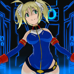  1girls bare_shoulders belt beltskirt blonde_hair blue_leotard breasts earth_federation elbow_gloves female female_only front_view gloves green_eyes groin gundam gundam_card_builder highleg_leotard hips hourglass_figure human leotard light-skinned_female light_skin medium_breasts narrow_shoulders petite rei_(rei_rr) reiko_holinger short_twintails smile thin_arms thin_waist wide_hips 