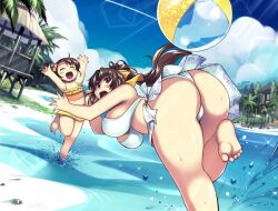  2girls :d \o/ arms_up ass ball barefoot beach beachball bent_over bikini bikini_skirt blush breasts brown_eyes brown_hair cloud commentary_request day feet hair_ornament hair_ribbon happy large_breasts leg_up lens_flare lolicon long_hair looking_back mature_female mil_(xration) multiple_girls open_mouth original outdoors outstretched_arms palm_tree plump ribbon side_ponytail smile soles swimsuit tankini toes tree wading water white_bikini 