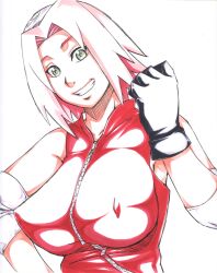  arm_warmers bare_shoulders black_gloves breasts clenched_hand erect_nipples female gloves green_eyes grin hand_up head_tilt headband headdress impossible_clothes impossible_clothing impossible_shirt konohagakure_symbol large_breasts looking_at_viewer naruto pink_hair profile red_shirt sakura_haruno shirt short_hair simple_background sleeveless sleeveless_shirt smile solo sunahara_wataru teeth upper_body white_background zipper 