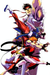  90s blonde_hair blonde_hair brown_hair cammy_white capcom chun-li chun-li game hadouken ken_masters kick kicking leotard lowres lycra murase_shuko ryu ryuu_(street_fighter) shoryuken shouryuuken street_fighter street_fighter_ii uppercut 