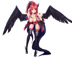  bad_id bad_pixiv_id bent_over black_thighhighs breasts collar collarbone detached_sleeves dungeon_and_fighter female female_gunner_(dungeon_and_fighter) hanging_breasts large_breasts leaning_forward mx2j panties ponytail red_eyes red_hair solo thighhighs underwear wings 