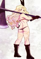  amazon_(dragon&#039;s_crown) armlet armor ass bad_id bad_pixiv_id bikini_armor blonde_hair blue_eyes blush boots butt_crack circlet dragon&#039;s_crown feathers female from_behind gloves halberd long_hair looking_back okazuwa_shake photoshop_(medium) polearm solo tattoo weapon 