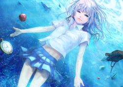  apple bad_id bad_pixiv_id blue_eyes female fish food fruit highres long_hair midriff miniskirt navel original piroaki purple_hair skirt solo underwater 