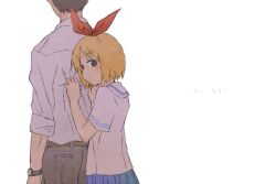  1boy annaka_haruna blonde_hair bow commentary_request female from_behind hairbow height_difference nichijou nojima partial_commentary school_uniform short_hair takasaki_manabu tokisadame_school_uniform watch wristwatch 