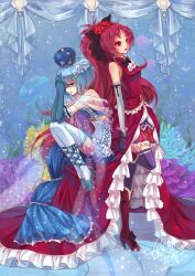  2girls adapted_costume black_legwear blue_eyes blue_hair commentary_request coral crown dated dress elbow_gloves embellished_costume flower frills gem gloves hair_flower hair_ornament hair_ribbon hairclip hands_on_own_face high_heels jellyfish lace leg_ribbon long_hair mahou_shoujo_madoka_magica mahou_shoujo_madoka_magica_(anime) miki_sayaka miki_sayaka_(magical_girl) multiple_girls pearl_(gemstone) pedestal photoshop_(medium) ponytail red_eyes red_flower red_hair red_rose ribbon rose sakura_kyoko sakura_kyoko_(magical_girl) sanmi_tenten seashell seaweed shawl shell shoes short_hair signature sitting thighhighs very_long_hair white_legwear zettai_ryouiki 