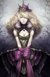  bad_deviantart_id bad_id blonde_hair blue_eyes bondage bondage bound bow bowtie breasts cleavage cleavage_cutout clothing_cutout crown crown_bow crown_ribbon dress female gold_crown hair_over_one_eye highres jewelry lips long_hair medium_breasts necklace noa_ikeda original pale_skin pointed_crown purple_bow ribbon sleeveless solo 