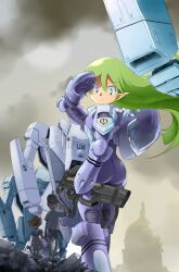  1boy 2girls armor ass bullpup choujikuu_yousai_macross commentary_request doll dress giant giantess gloves green_hair gun hat helmet inui&#039;s_meltran inui_(jt1116) lolicon long_hair maclone macross mecha meltrandi military military_uniform multiple_girls p90 pointy_ears purple_eyes robot ruins salute science_fiction serious shirt shorts size_difference smoke soldier spacesuit submachine_gun u.n._spacy uniform variable_fighter vf-1 weapon zentradi 