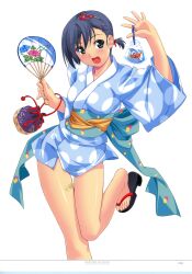  :d absurdres bag bagged_fish bandaid black_hair blush character_request fan female fish flower goldfish green_eyes hair_accessory hair_flower hair_ornament happy highres japanese_clothes kimono kinchaku kuuchuu_yousai morning_glory open_mouth original paper_fan sandals scan short_hair short_kimono short_yukata smile solo uchiwa yukata 