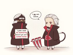  adorably_cute chibi closed_eyes duo gray_hair hidan humor jewelry kakuzu male mask naruto necklace red_eyes scythe short_hair sign weapons 