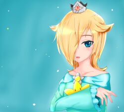  blonde_hair blue_eyes chiko_(mario) crown hair_over_one_eye luma mario_(series) nintendo princess_rosalina rosalina_(mario) rosetta_(mario) super_mario_bros. super_mario_galaxy 