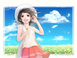  bad_id bad_pixiv_id bare_shoulders black_hair cloud day female flower hat highres miniskirt open_mouth original outdoors piroaki purple_eyes short_hair skirt sky solo wind 