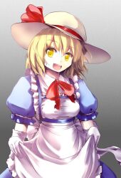  :d apron bad_id bad_pixiv_id blonde_hair blue_dress culter dress elbow_gloves female gloves hat hat_ribbon kana_anaberal looking_at_viewer open_mouth ribbon skirt_hold smile solo touhou touhou_(pc-98) white_gloves yellow_eyes 