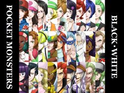  6+boys 6+girls alder_(pokemon) aurea_juniper bad_id bad_pixiv_id beard bianca_(pokemon) blonde_hair blue_eyes bow bowtie brycen_(pokemon) burgh_(pokemon) caitlin_(pokemon) card cedric_juniper cheren_(pokemon) chili_(pokemon) cilan_(pokemon) clay_(pokemon) commentary_request copyright_name cowboy cowboy_hat cowboy_western cress_(pokemon) dicembre04 drayden_(pokemon) elesa_(pokemon) emmet_(pokemon) english_text everyone facial_hair fennel_(pokemon) fingerless_gloves fingernails flower ghetsis_(pokemon) glasses gloves green_hair grey_eyes grimsley_(pokemon) grin hair_flower hair_ornament hairband hairclip hat highres hilbert_(pokemon) hilda_(pokemon) holding holding_card holding_poke_ball ingo_(pokemon) iris_(pokemon) lenora_(pokemon) looking_at_viewer marshal_(pokemon) mask multiple_boys multiple_girls n_(pokemon) peaked_cap pen pointing poke_ball poke_ball_theme pokedex pokemon pokemon_bw red_eyes red_hair shauntal_(pokemon) skyla_(pokemon) smile traditional_bowtie triplets 