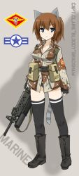  alice_gear animal_ears assault_rifle bad_id bad_pixiv_id black_panties blue_eyes boots breasts brown_hair camouflage cat_ears cat_girl cleavage commentary dakku_(ogitsune) desert_camouflage emblem female full_body grenade_launcher gun gun_sling liberion load_bearing_equipment m16 m16a2 medium_breasts no_pants original panties photoshop_(medium) ponytail pouch rifle solo standing strike_witches_1991 tail thighhighs underbarrel_grenade_launcher underwear uniform weapon world_witches_series 