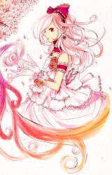  aisha_landar bad_id bad_pixiv_id braid cherry_blossoms choker dress earrings elsword female flower gloves jewelry long_hair mouth_hold multicolored_flower multicolored_rose petals pink_hair profile red_eyes red_flower red_rose rose solo somu_(dlektha1994) wedding wedding_dress white_gloves yellow_flower yellow_rose 