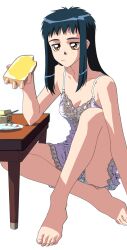  1990s_(style) absurdres artist_request barefoot blue_hair bread bread_slice breasts brown_eyes butter chemise cleavage closed_mouth collarbone eating elbow_rest feet female food full_body highres holding holding_food ikeda_yuuji knee_up lace_trim legs long_hair neo_ranga official_art panties panty_peek photoshop_(medium) plate retro_artstyle shimabara_yuuhi simple_background sitting sleeveless small_breasts solo spaghetti_strap table toast toes underwear vector_trace white_background white_panties 