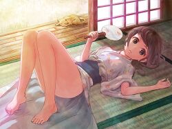  bare_legs barefoot black_eyes brown_hair commentary_request feet feline female full_body hand_fan japanese_clothes legs long_hair lying on_back original paper_fan piroaki solo tatami uchiwa 