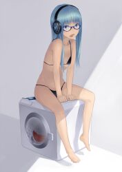  arm_support bare_legs bare_shoulders barefoot black_bra black_panties blue-framed_eyewear blue_eyes blue_hair bra commentary_request digital_media_player feet female female_masturbation glasses headphones highres implied_masturbation ipod izumi_sai lingerie long_hair looking_at_viewer masturbation masturbation_through_clothes open_mouth original panties shade shadow sitting sitting_on_object solo toes underwear underwear_only washing_machine 