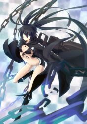  absurdres belt bikini bikini_top_only black_bikini black_cloak black_footwear black_hair black_rock_shooter black_rock_shooter_(character) black_shorts blue_eyes boots breasts breasts_apart cape chains cloak commentary_request female floating_hair full_body garuku gun hair_between_eyes highres hood hooded_cloak knee_boots leg_hold long_hair long_jacket navel no_shirt short_shorts shorts small_breasts solo star_(symbol) stomach swimsuit twintails very_long_hair weapon white_belt 