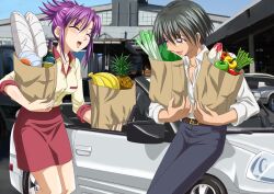  1boy amagi_rihito ankoku_tiger bag banana bell_pepper black_hair bottle car commentary_request convertible female food fruit green_pepper groceries mermaid_melody_pichi_pichi_pitch mitsubishi_eclipse mitsubishi_motors motor_vehicle nikora official_style paper_bag pineapple purple_hair red_pepper short_hair spring_onion yellow_pepper 