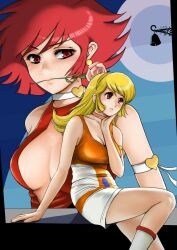  2girls breasts cleavage commentary_request cutie_honey cutie_honey_(character) flower kisaragi_honey large_breasts legs magical_girl mougira multiple_girls pink_flower pink_rose rose 