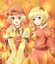  2girls aki_minoriko aki_shizuha apron blonde_hair commentary_request dress food fruit grapes hair_ornament hat leaf leaf_background leaf_hair_ornament leaf_on_head maple_leaf multiple_girls red_eyes short_hair siblings sisters smile tomex139 touhou yellow_eyes 