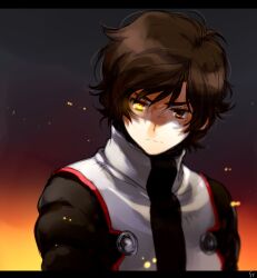  1boy bad_id bad_pixiv_id banagher_links brown_eyes brown_hair gundam gundam_unicorn letterboxed male_focus photoshop_(medium) pilot_uniform solo toujou_sakana 