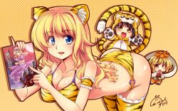  4girls animal_costume animal_ears animal_print bent_over bikini bishamonten&#039;s_pagoda blonde_hair blue_eyes book breasts brown_eyes brown_hair chibi commentary_request kemonomimi_mode large_breasts long_hair looking_at_viewer maribel_hearn multicolored_hair multiple_girls oerba_yun_fang photoshop_(medium) shawl short_hair swimsuit tail thighhighs tiger_costume tiger_ears tiger_print tiger_tail toramaru_shou touhou two-tone_hair usami_renko windart yakumo_yukari yellow_eyes 