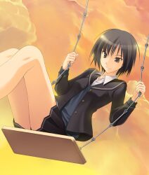  amagami black_hair black_jacket black_skirt blazer brown_hair commentary_request female jacket kibito_high_school_uniform long_sleeves nanasaki_ai photoshop_(medium) pleated_skirt school_uniform short_hair skirt smile solo sunset sweater_vest swing takepon 