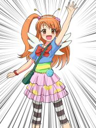  :d amamiya_rizumu antennae bad_id bad_pixiv_id bag brown_eyes female handbag highres leggings nyama one_side_up open_mouth orange_hair pretty_rhythm pretty_rhythm_aurora_dream pretty_series smile solo waving wings 