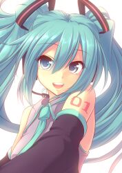  :d aqua_eyes aqua_hair commentary_request detached_sleeves female garuku hatsune_miku headset highres long_hair md5_mismatch necktie open_mouth photoshop_(medium) resolution_mismatch smile solo source_smaller twintails upper_body vocaloid 