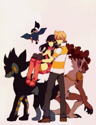  1boy bad_id bad_pixiv_id barry_(pokemon) blonde_hair blue_hair boots carrying chatot dawn_(pokemon) female hair_ornament hairclip infernape luxray pink_footwear pokemon pokemon_(creature) pokemon_adventures pokemon_dppt princess_carry red_scarf scarf simple_background skirt thighhighs yellow_eyes yuuichi_(bobobo) zettai_ryouiki 