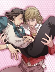  2boys barnaby_brooks_jr. belt blonde_hair blush brown_eyes brown_hair carrying commentary_request facial_hair glasses green_eyes jacket jewelry kaburagi_t._kotetsu male_focus multiple_boys necklace necktie photoshop_(medium) princess_carry red_jacket ring stubble studded_belt tiger_&amp;_bunny vest waistcoat wedding_ring yokota_mamoru 