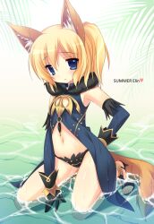  animal_ears bad_id bad_pixiv_id blonde_hair blue_eyes elbow_gloves elin emily_(pure_dream) female flat_chest gloves heart high_heels kneeling navel panties photoshop_(medium) shoes solo tail tera_online underwear water wet 