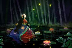  bamboo black_hair commentary_request female fireflies flower forehead hair_ornament japanese_clothes kaguya_hime kimono lily_pad long_hair partially_submerged plant profile solo taketori_monogatari tobi_(kotetsu) water 